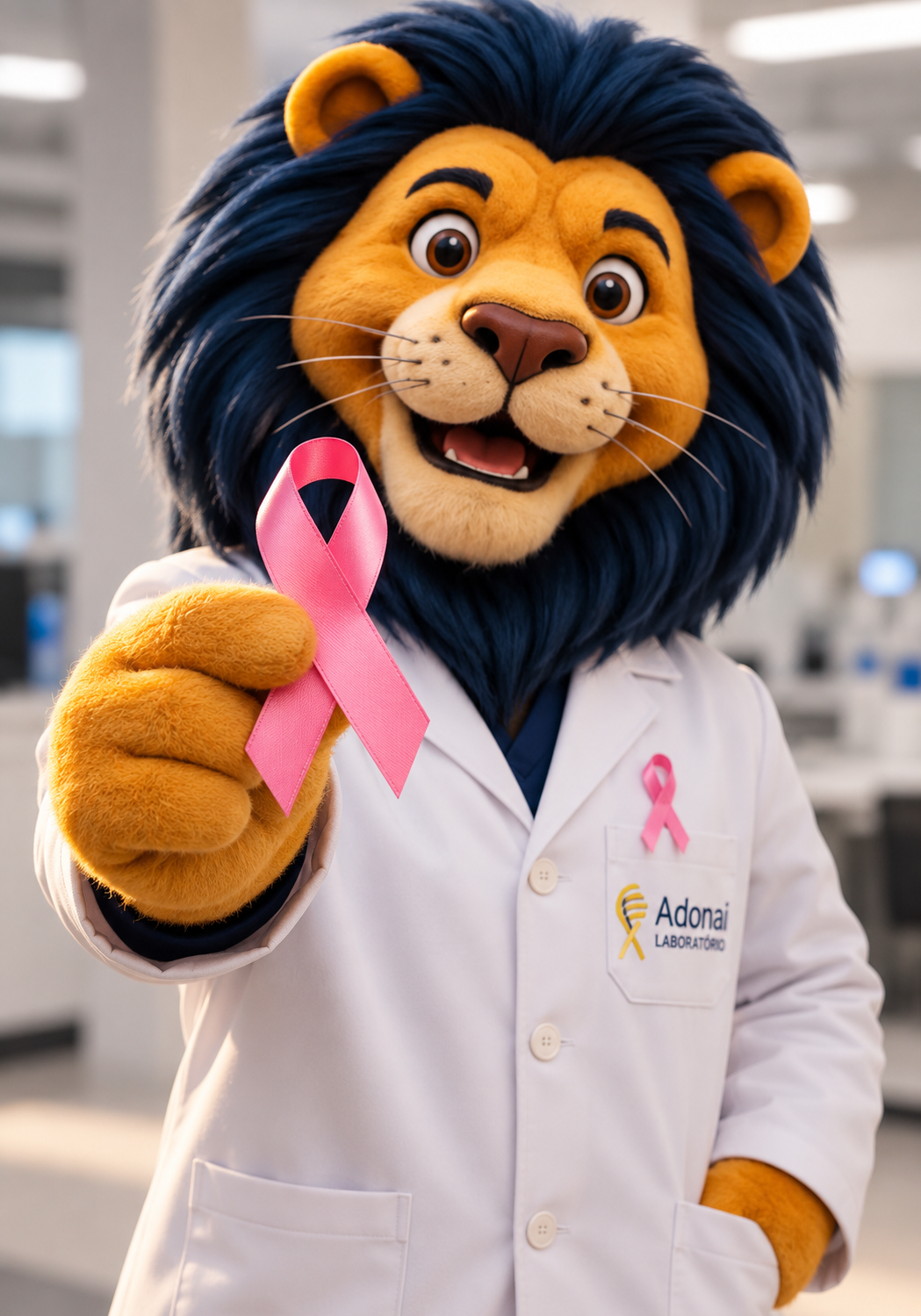 Mascote Leo do Laboratório Adonai com laço do Outubro Rosa